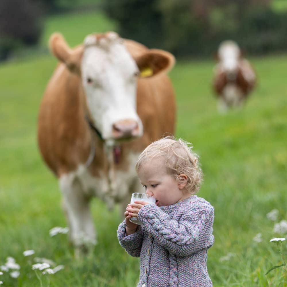 Unsere kleine Tochter trinkt Milch auf der Weide.