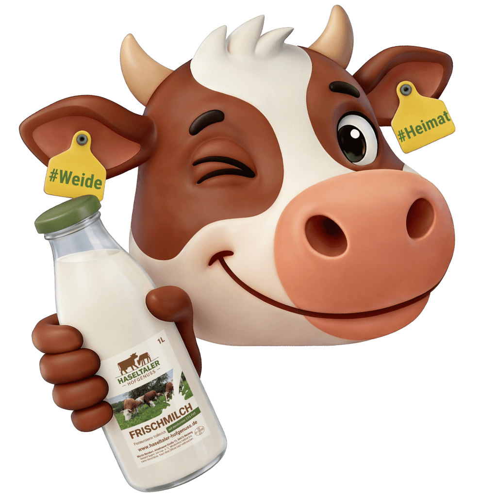 Witzige Haseltaler Kuh mit Milchflasche.